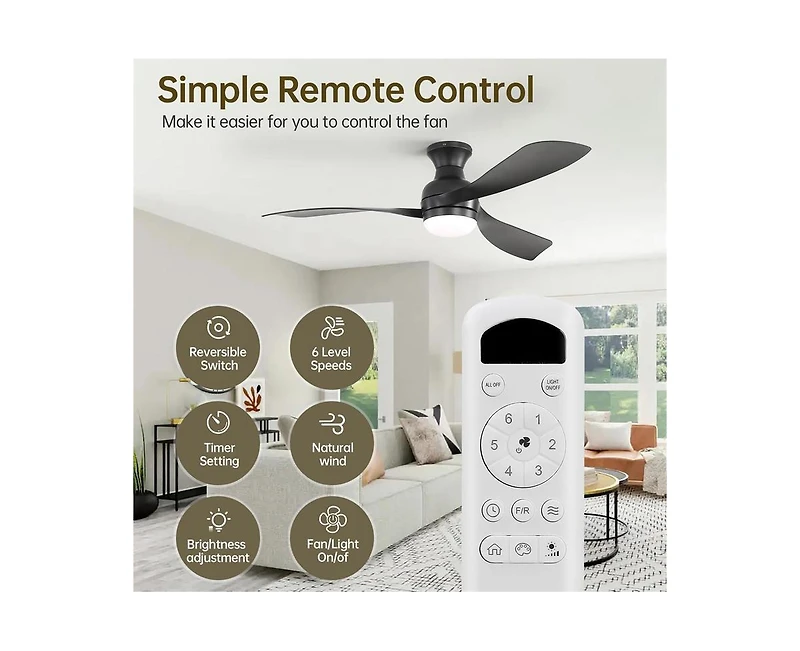 Sofucor 52-inch Modern Black 3-Blade Flush Mount Ceiling Fan with Led Light and Remote Control