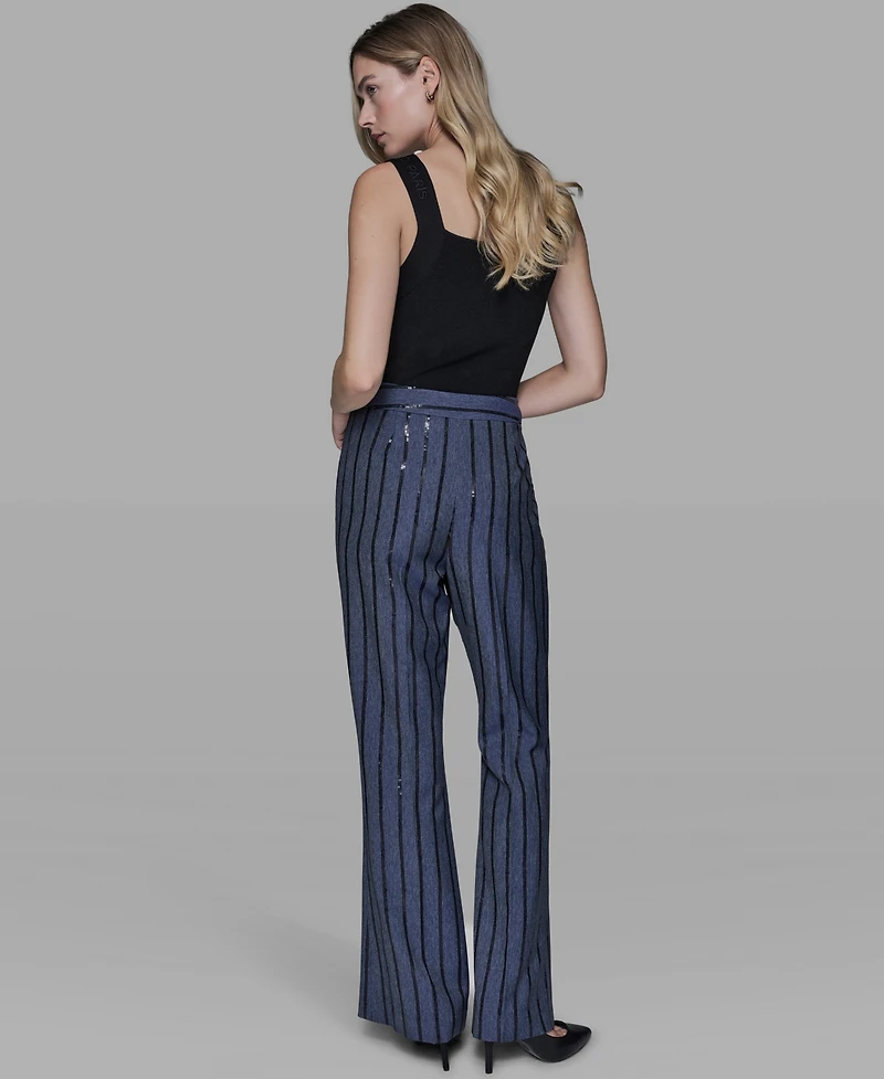 Karl Lagerfeld Paris Women's Mid Rise Striped Sequin Pants