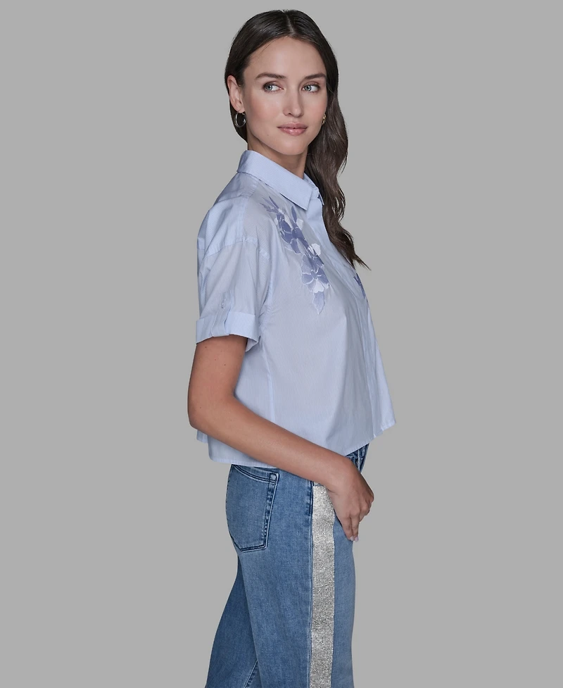 Karl Lagerfeld Paris Women's Short-Sleeve Striped Floral Poplin Blouse