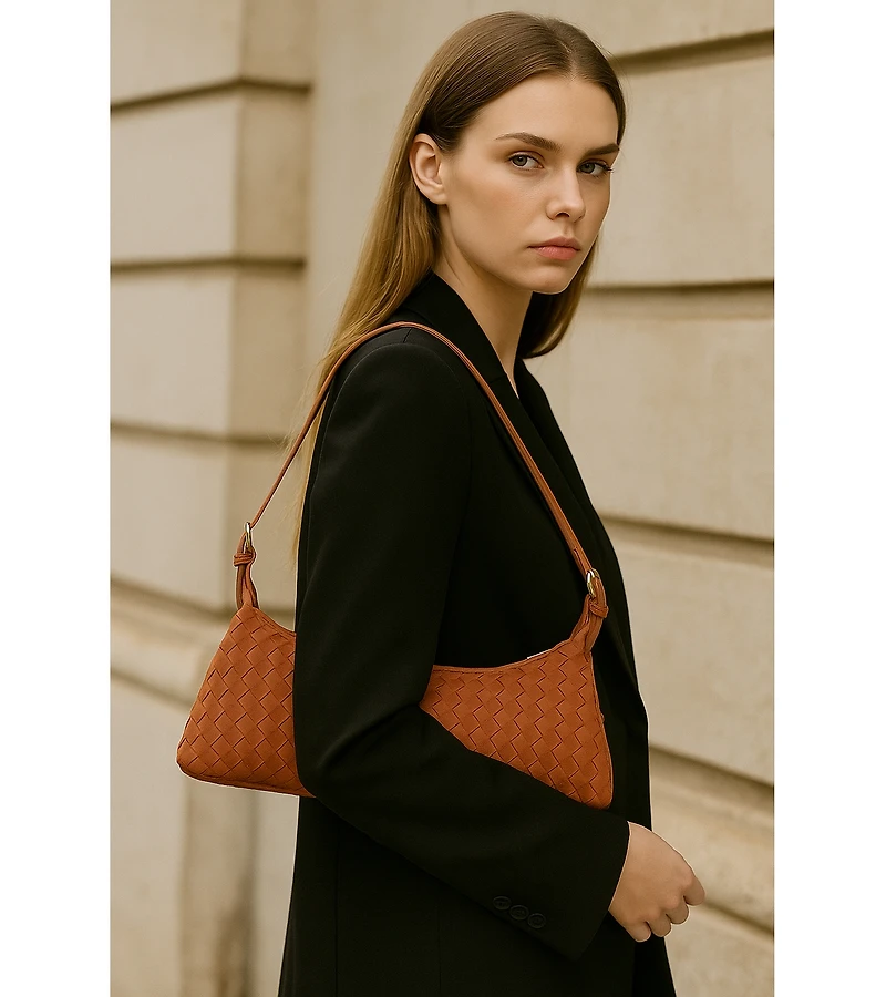 Susu Woven Suede Baguette Bag with Crossbody Strap