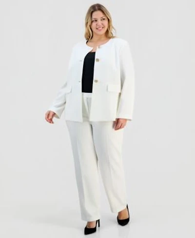 Kasper Plus Size Stretch Crepe Button Front Jacket Straight Leg Pants