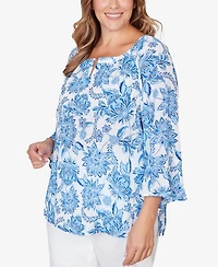 Hearts Of Palm Plus Printed Crinkle 3/4 Sleeve Top
