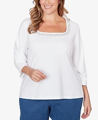 Hearts Of Palm Plus Solid Embellished 3/4 Sleeve Top