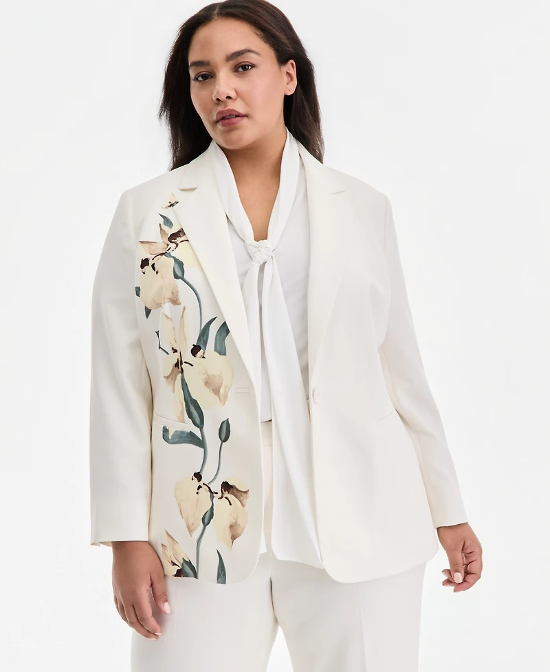 Anne Klein Plus Floral-Print One-Button Blazer