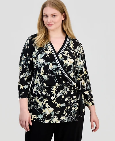Anne Klein Plus Floral Border Stripe Wrap Top