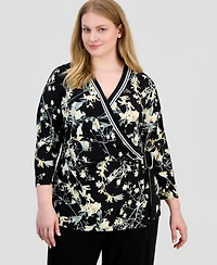 Anne Klein Plus Floral Border Stripe Wrap Top