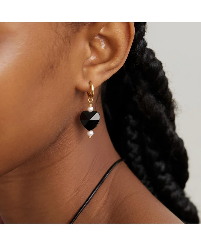 18K Gold Plated Huggies Freshwater Pearls with Black Heart Charm - Kuro Earrings For Women