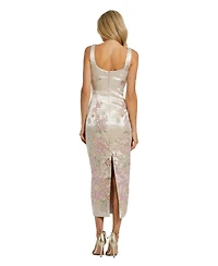 Mac Duggal Women's Slim Strap Scoop Neck Bustier Brocade Midi Dress