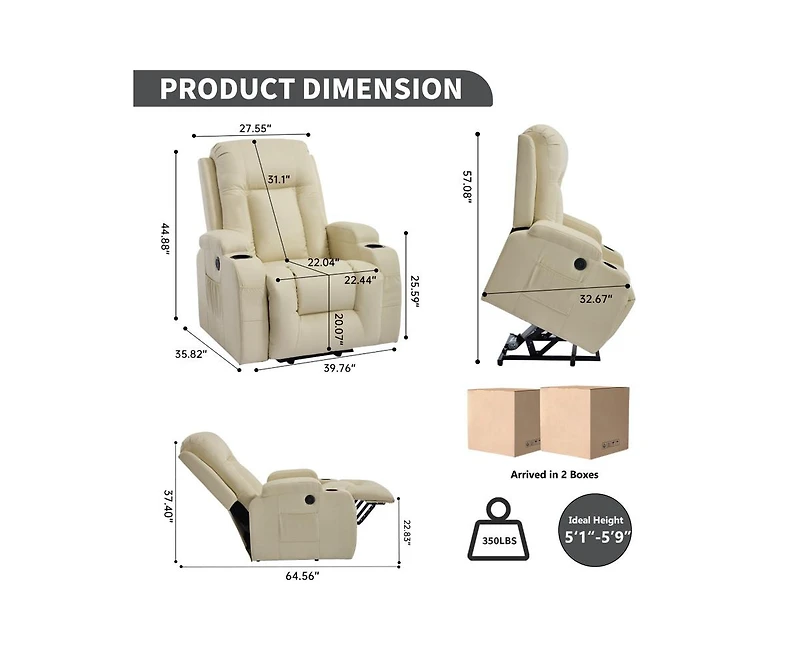 sumyeg Pu Power Lift Recliner 350LB capacity 8-point massage lumbar heat with Usb port and cup holders