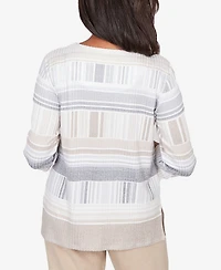 Alfred Dunner Women's Comfort & Joy Geometric Stripe Embellished Crew Neck Top