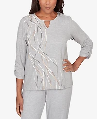 Alfred Dunner Petite Comfort & Joy Metallic Swirl Embroidered Split Neck Top