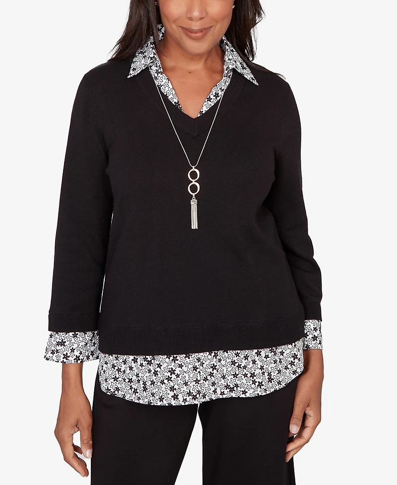 Alfred Dunner Petite Seville Print Woven Two One Sweater with Necklace