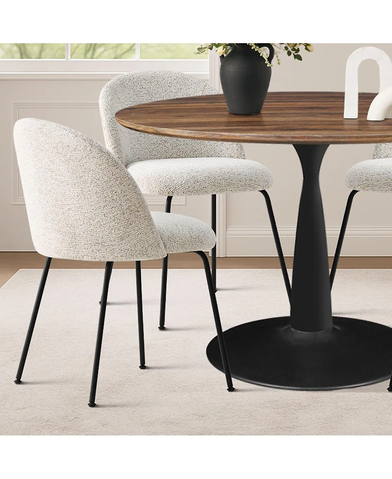Maison Boucle 5-Piece Modern Dining Set with Upholstered Chairs and Round Walnut Table, Black Metal Base, Space-Saving Kitchen for 4