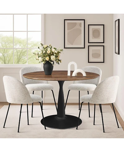 Maison Boucle 5-Piece Modern Dining Set with Upholstered Chairs and Round Walnut Table, Black Metal Base, Space-Saving Kitchen for 4