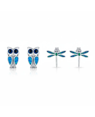 Bling Jewelry Set of 2 Opal Dragonfly and Owl Stud Earrings Set
