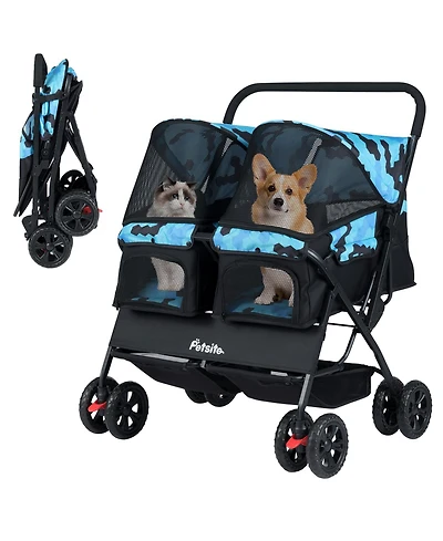 Gymax Double Pet Stroller w/ 2-seater Carrier Adjustable Sunshade Removable Pad