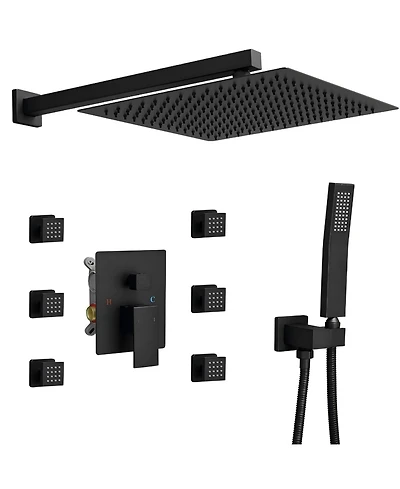 Greenspring 3-Spray Wall Mount 2.5 Gpm 12 in. Shower Head Fixed and Handheld Shower Head with 6-Jets in Matte Black (Valve Included