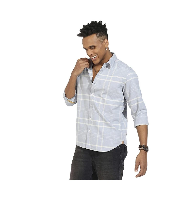 Campus Sutra Men's Light Grey Contrast Tartan Plaid Shirt.
