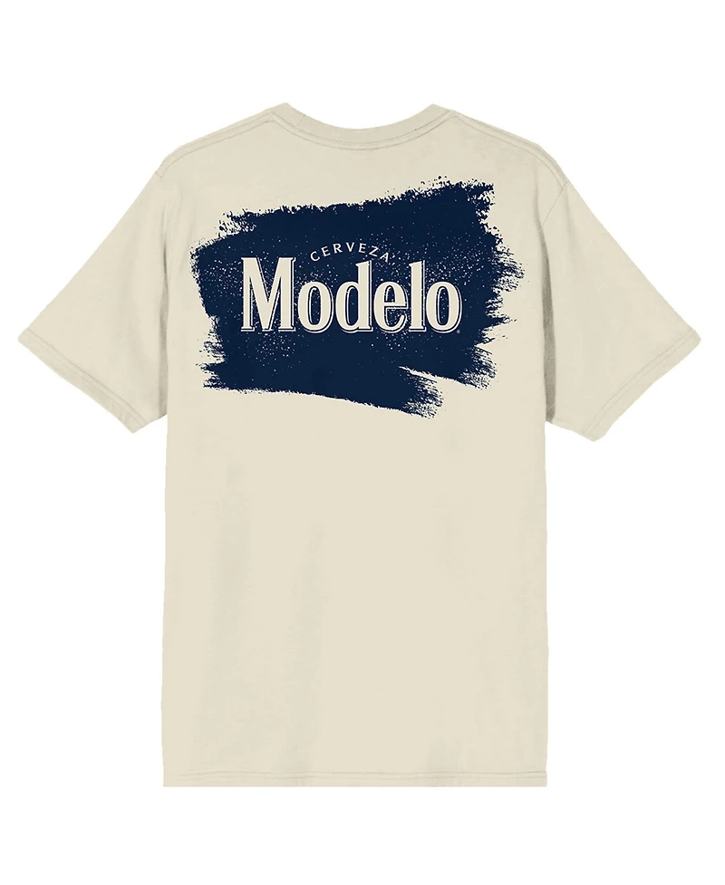Modelo Men's Diamond Frame & Brush Stroke Logos Crew Neck Short Sleeve Natural T-shirt