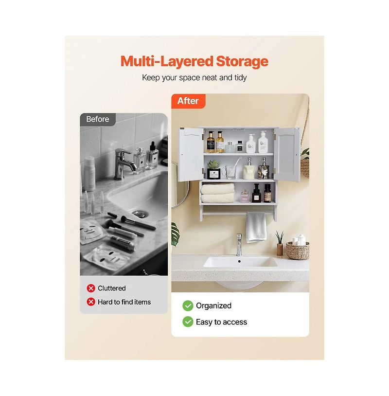 Slickblue Bathroom Wall Cabinet with Towel Bar and Double Doors