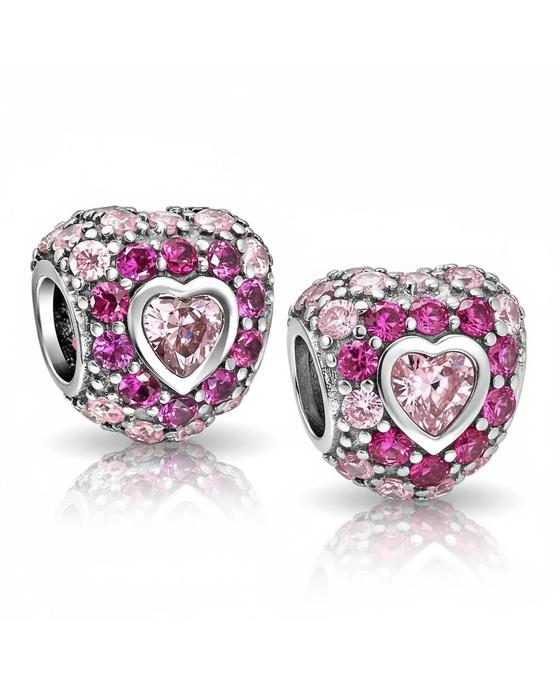 Bling Jewelry Set of 2 Hot Pink Fuchsia Cubic Zirconia Cz Pave Heart Charm Bead Sterling Silver European Bracelet