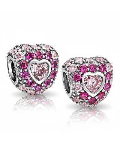 Bling Jewelry Set of 2 Hot Pink Fuchsia Cubic Zirconia Cz Pave Heart Charm Bead Sterling Silver European Bracelet