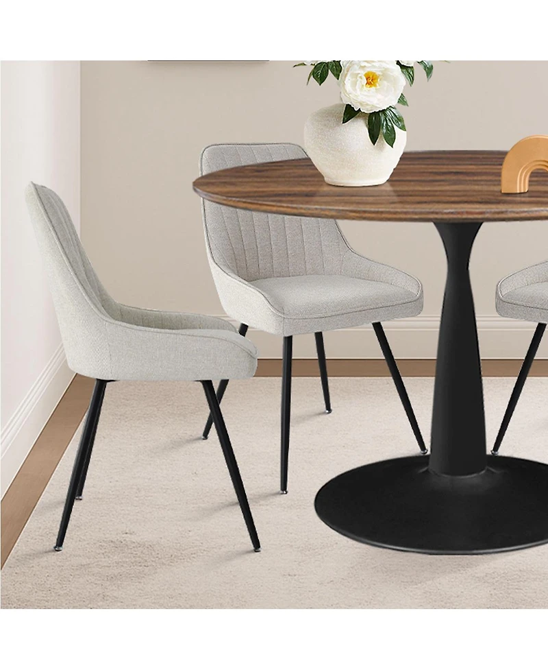 Maison Boucle 5-Piece Dining Table Set with Round Walnut Table, Metal Base and Upholstered Chairs for Space-Saving Kitchen Use