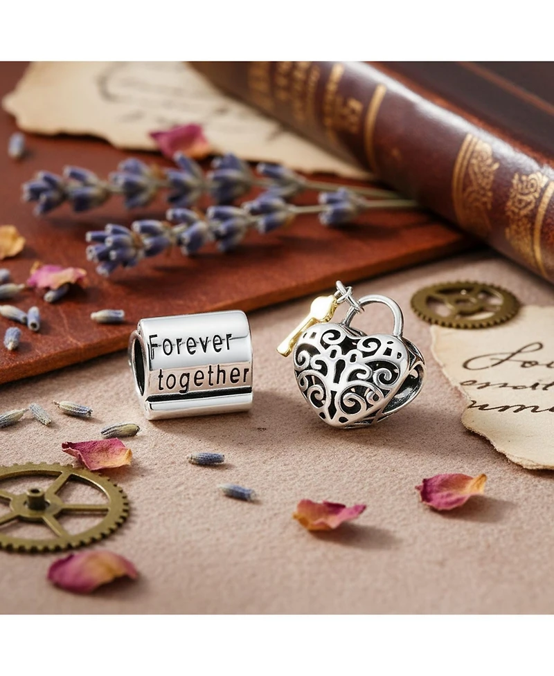 Bling Jewelry Set of 2 Words Mantra Forever Together & Heart Lock Charm Bead Sterling Silver