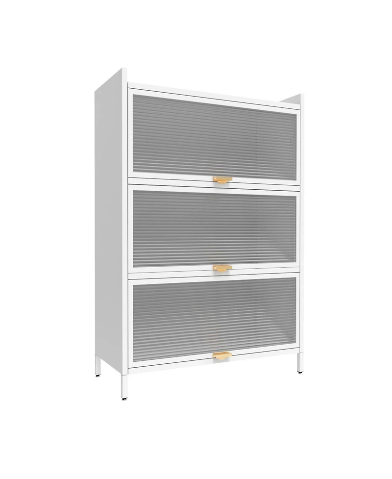 Zachvo Modern Fluted Glass 2-Door Metal Pantry Cabinet with 3 Flip Doors, 4-Level Storage & Gold Accents