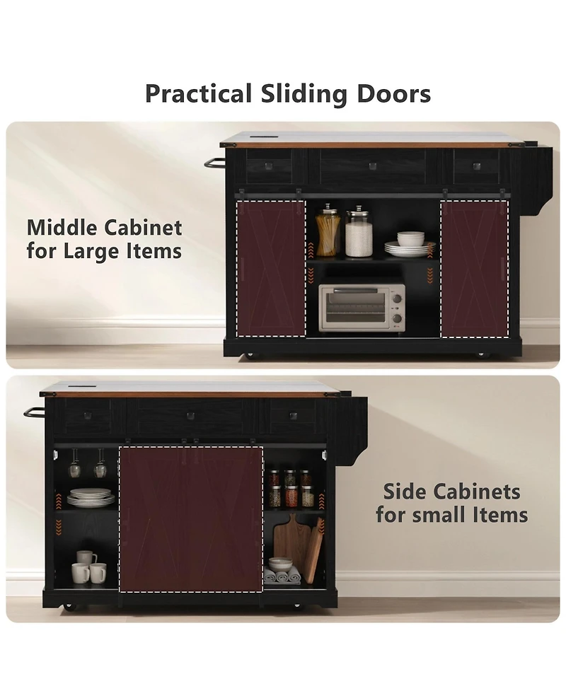 Boyel Living 58" Farmhouse Kitchen Island with Storage, Sliding Barn Door & Metal Grid Side Door, Rolling Table D