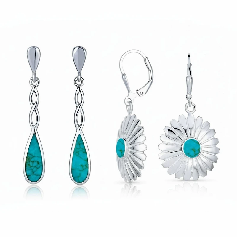 Bling Jewelry Set of 2 Southwestern Turquoise Concho Flower & Infinity Teardrop Dangle Earrings Sterling Silver