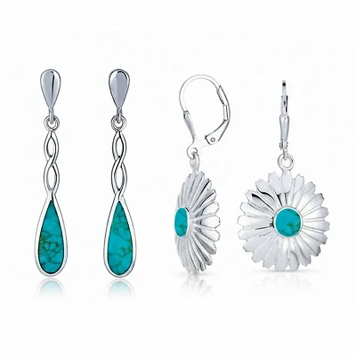 Bling Jewelry Set of 2 Southwestern Turquoise Concho Flower & Infinity Teardrop Dangle Earrings Sterling Silver