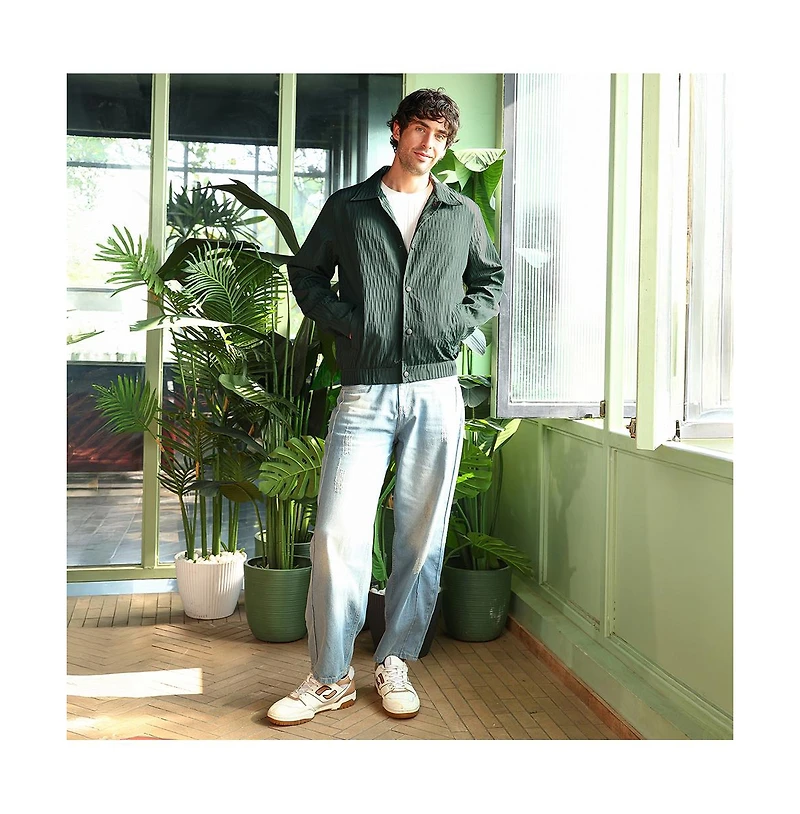 Campus Sutra Men's Emerald Green Crease-Tactile Bomber Jacket