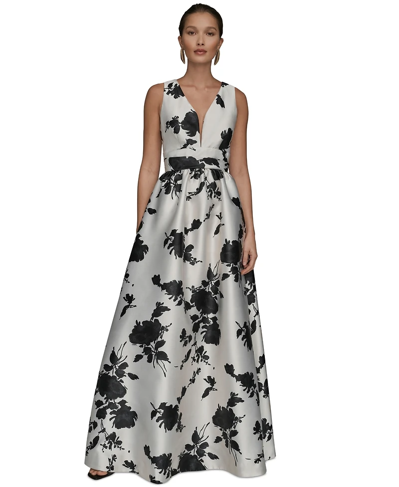 Donna Karan New York Women's Short Sleeve V-neck Floral Print Mikado Gown