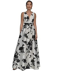 Donna Karan New York Women's Short Sleeve V-neck Floral Print Mikado Gown