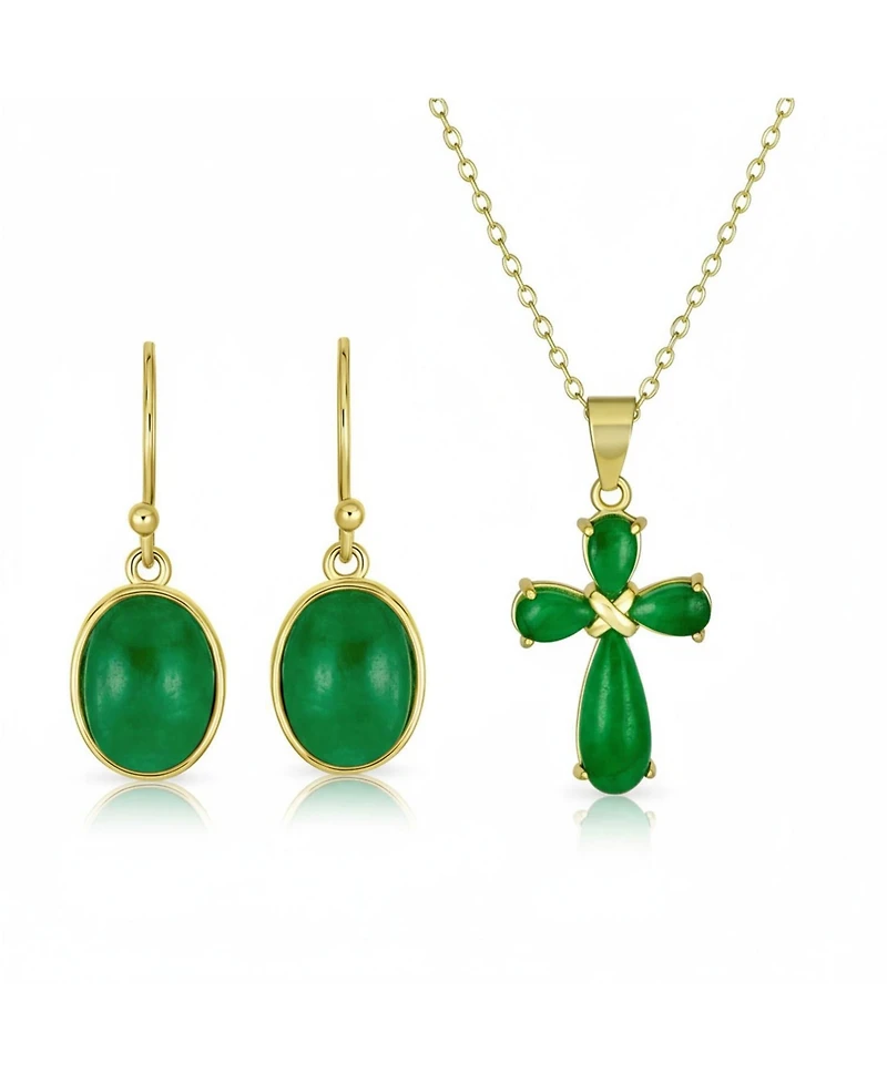Bling Jewelry Natural Green Jade Small Cross Pemdant Necklace & Bezel Oval Drop Earrings Jewelry Set Gold Plated Sterling Silver