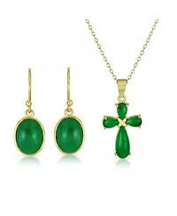 Bling Jewelry Natural Green Jade Small Cross Pemdant Necklace & Bezel Oval Drop Earrings Jewelry Set Gold Plated Sterling Silver
