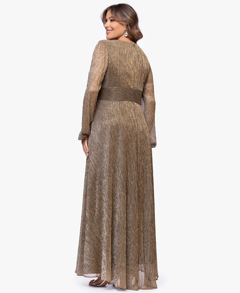 Betsy & Adam Plus V-Neck A-Line Long Dress