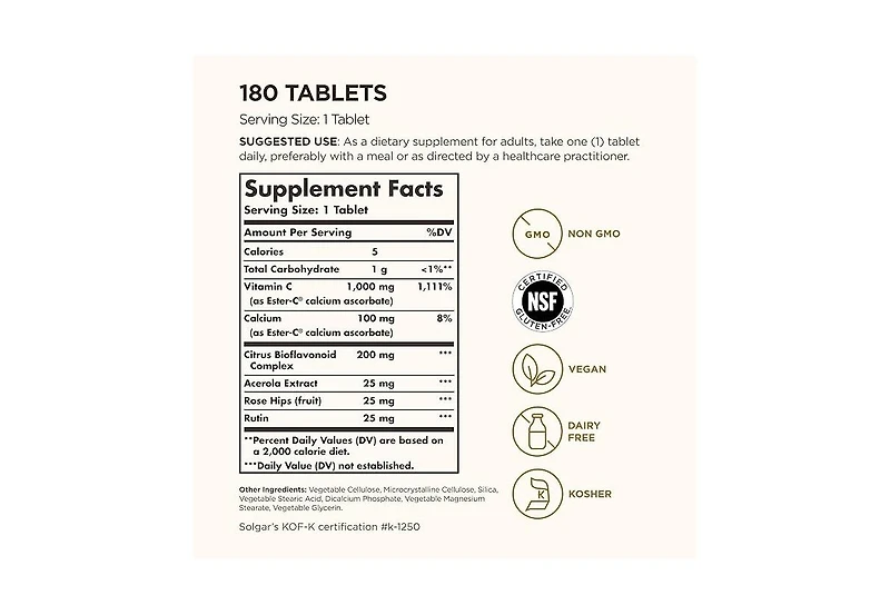Solgar Ester-c Plus Vitamin C (Ester-c Ascorbate Complex) ,1000 mg ,180 Tabs