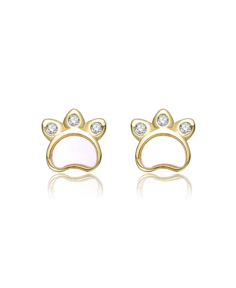 GiGiGirl 14K Gold Plated with White Mother Of Pearl & Clear Cubic Zirconia Paw Design Stud Earrings For Kids