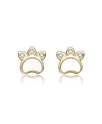 GiGiGirl 14K Gold Plated with White Mother Of Pearl & Clear Cubic Zirconia Paw Design Stud Earrings For Kids