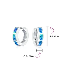 Bling Jewelry Set of 2 White & Blue Synthetic Opal Inlay Iridescent Huggie Hoop Earrings Sterling Silver