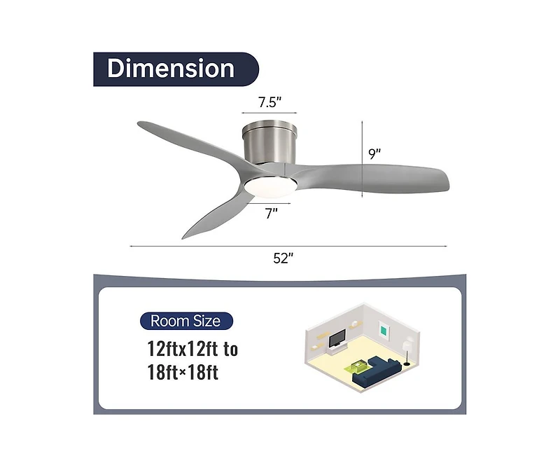 Sofucor 52-inch Modern Minimalist Sand Nickel 3-Blade Flush Mount with Remote Control,Supporting Mobile Device Connection and Voice Function