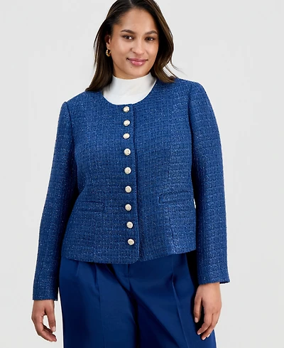 Tahari Asl Plus Boucle-Knit Collarless Jacket