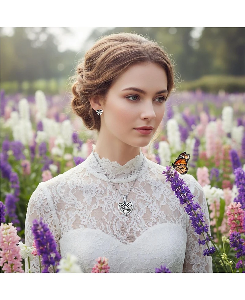 Bling Jewelry Celtic-Inspired Love Knot Necklace and Heart Stud Earrings Jewelry Set Oxidized Sterling Silver