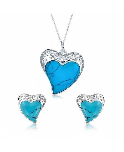 Bling Jewelry Filigree Turquoise Heart Necklace and Stud Earrings Jewelry Set Sterling Silver