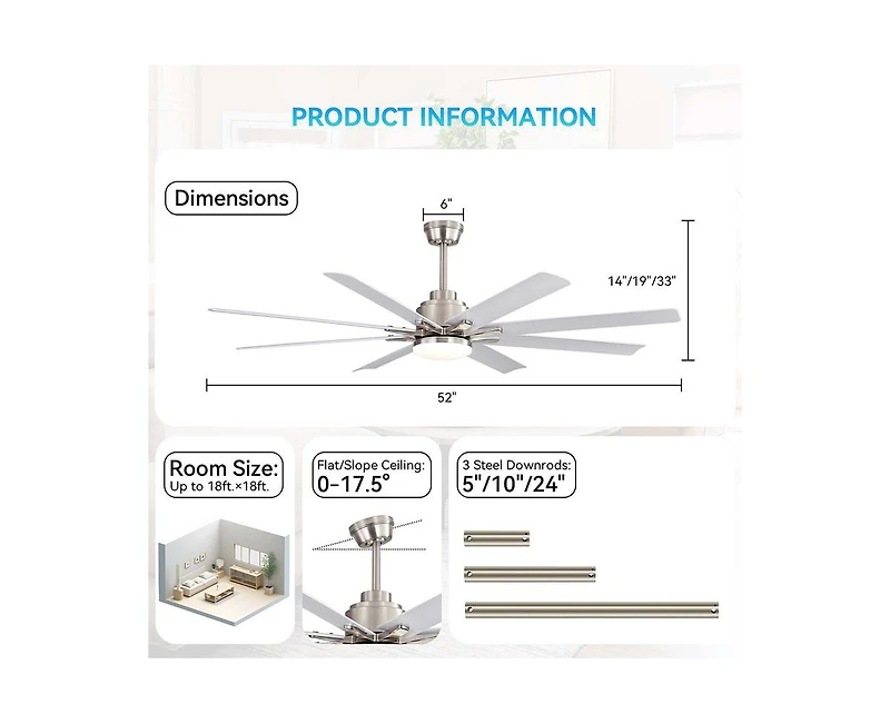 Sofucor 52-inch Modern Exquisite Sand Nickel 8-Blade Ceiling Fans with Adjustable Led Lights and Intelligent Remote Control.