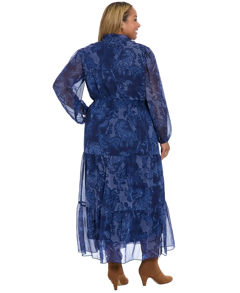 London Times Plus Printed Long Sleeve A-Line Dress