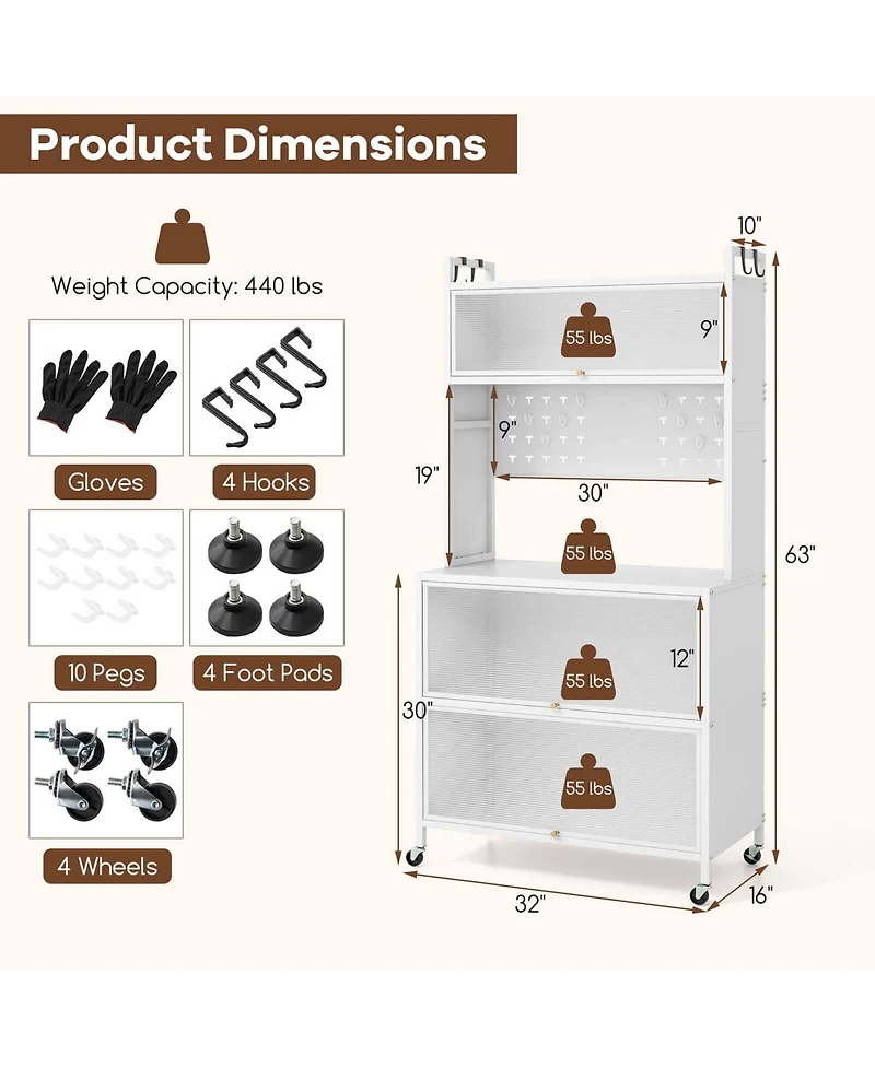 Costway 5 Tier Kitchen Bakers Rack Flip Door Cabinets Pegboard & Hooks