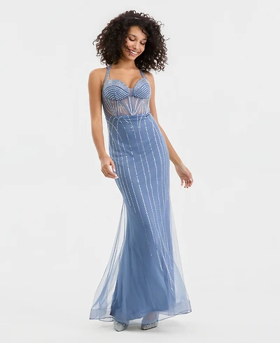 Say Yes Juniors' Rhinestone-Embellished Lace-Up Gown